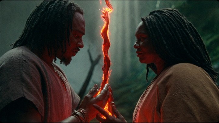 Chapter 1 still — a red thread of light binds two generations on a night street