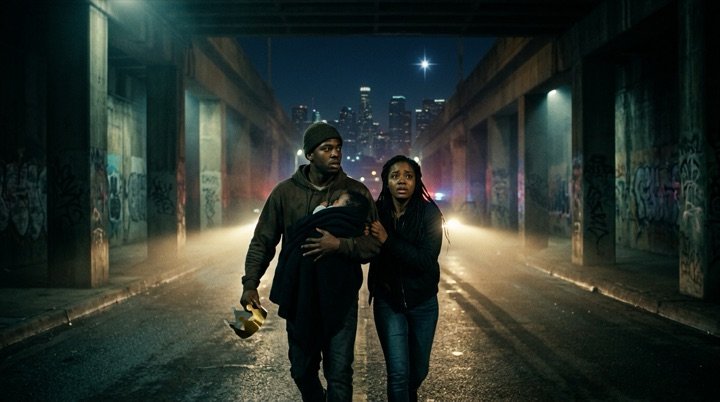 Chapter 2 still — a family flees under desert stars on the road to Egypt