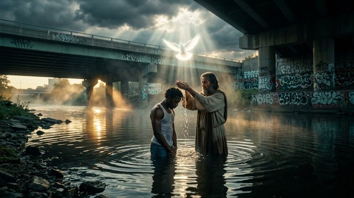 Chapter 3 still — light breaks over the river at the baptism