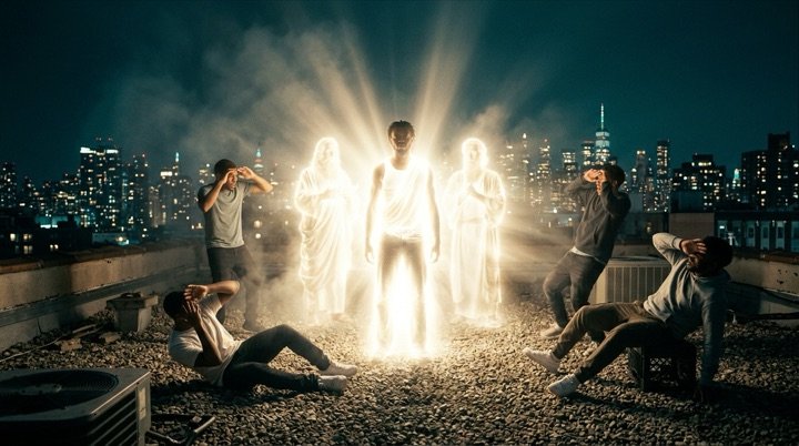 Chapter 17 still — a figure blazes white with light on the mountaintop